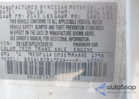 2018 Nissan Sentra S из США, поврежденный, VIN 3N1AB7AP0JY324515